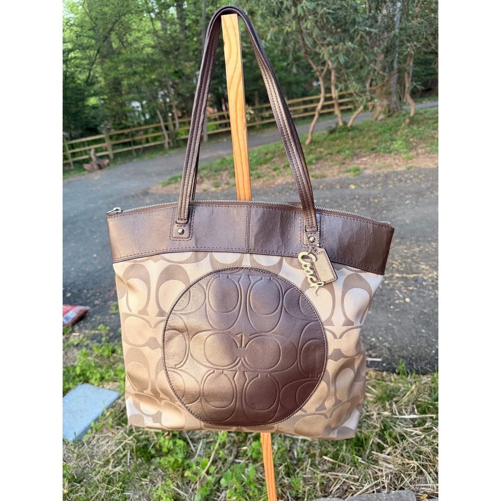 Coach Signature Optic Metallic Bronze Leather Medallion Tote Bag 15667 Khaki - Picture 7 of 10